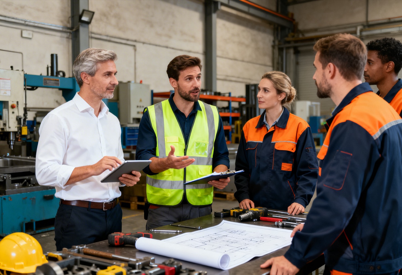 Team im produzierenden Gewerbe bespricht Abläufe in der Fertigung