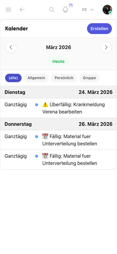 Kalenderansicht mit sichtbaren Kalenderbereichen in Kibi Connect
