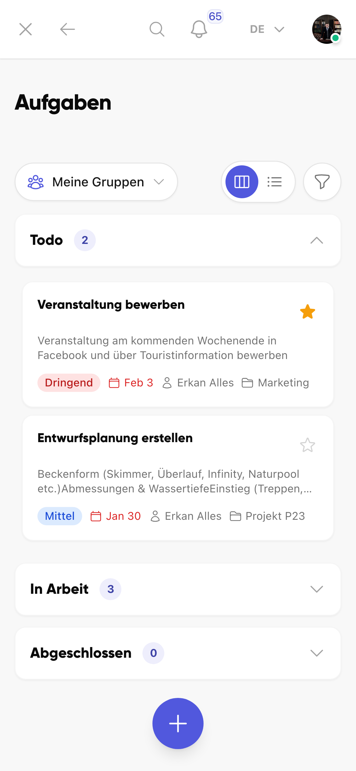 Aufgabenübersicht in Kibi Connect für Gemeinschaftsverpflegung
